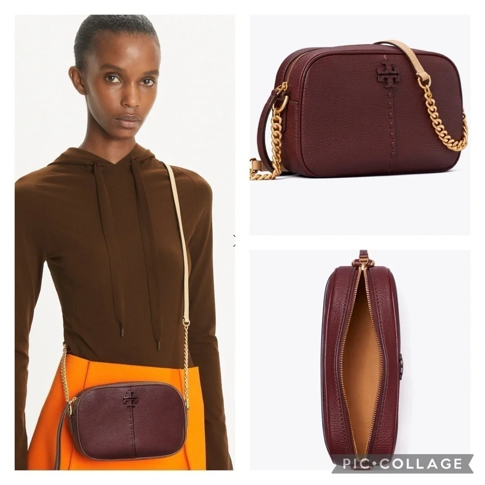 TORY BURCH • TEXTURED MCGRAW LEATHER CAMERA BAG- color WINE